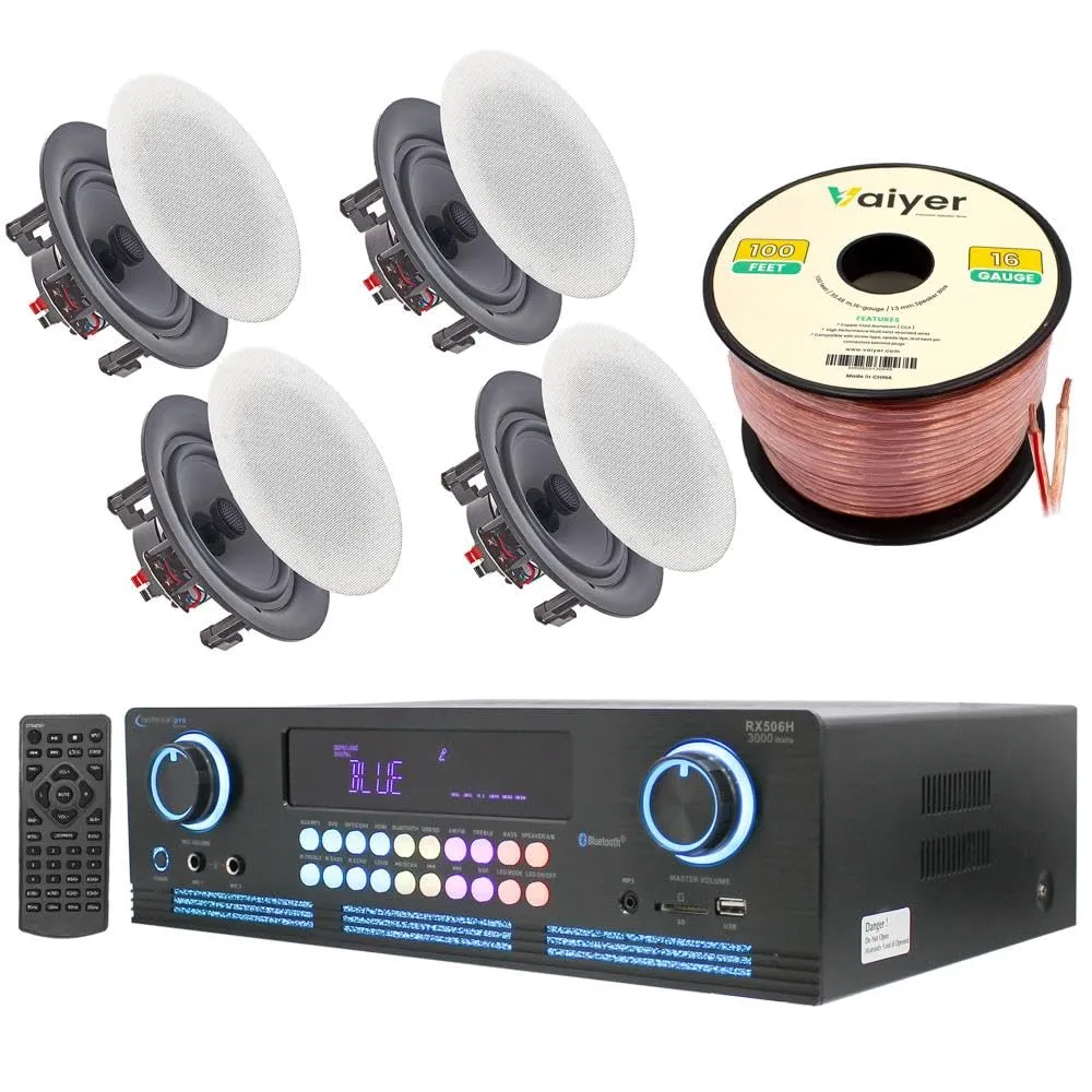 2000W Home Theater System Kit with Bluetooth Amplifier & 4 Frameless In-Ceiling Speakers