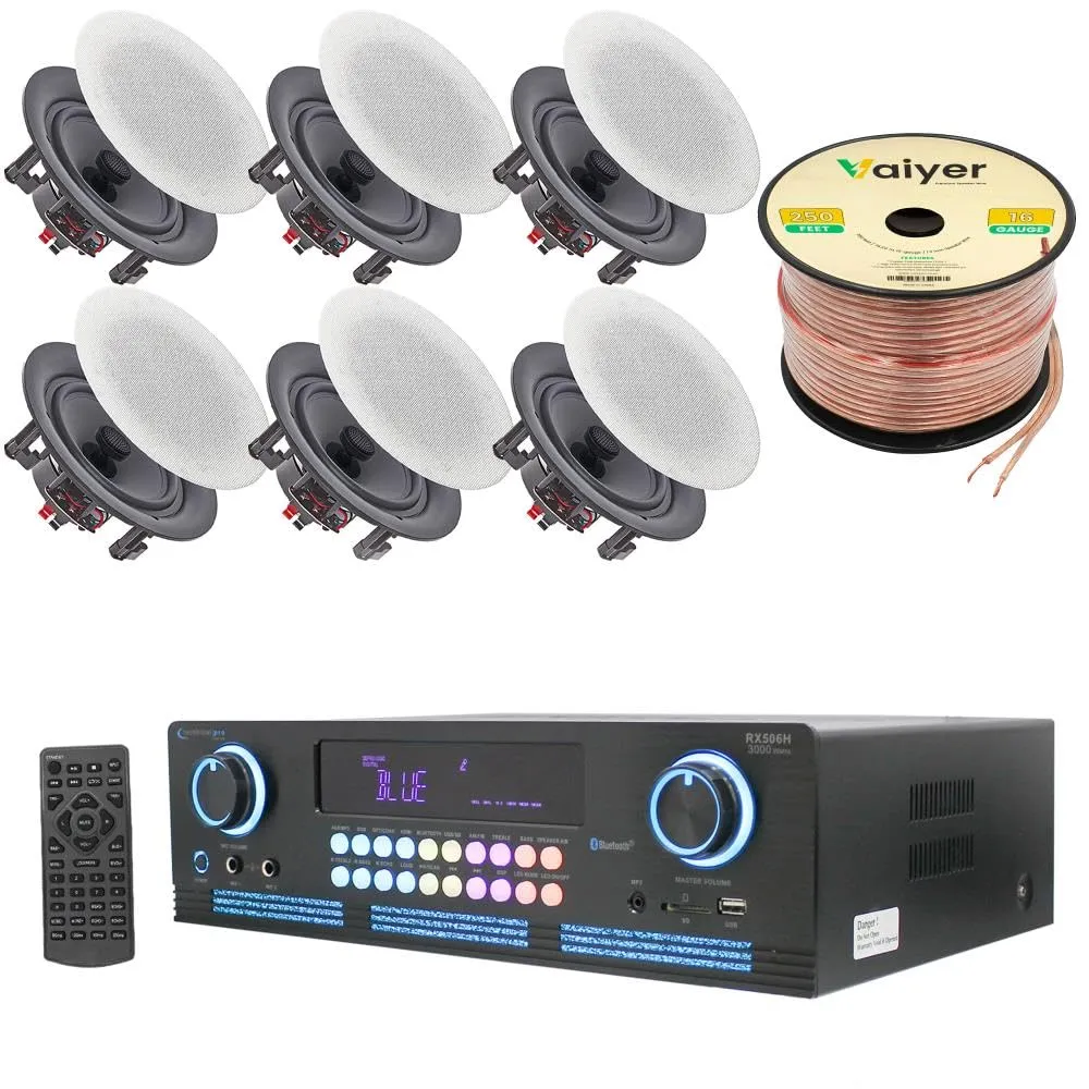 2000W Home Theater System Kit with Bluetooth Amplifier & 6 Frameless 5.25' In-Wall Speakers