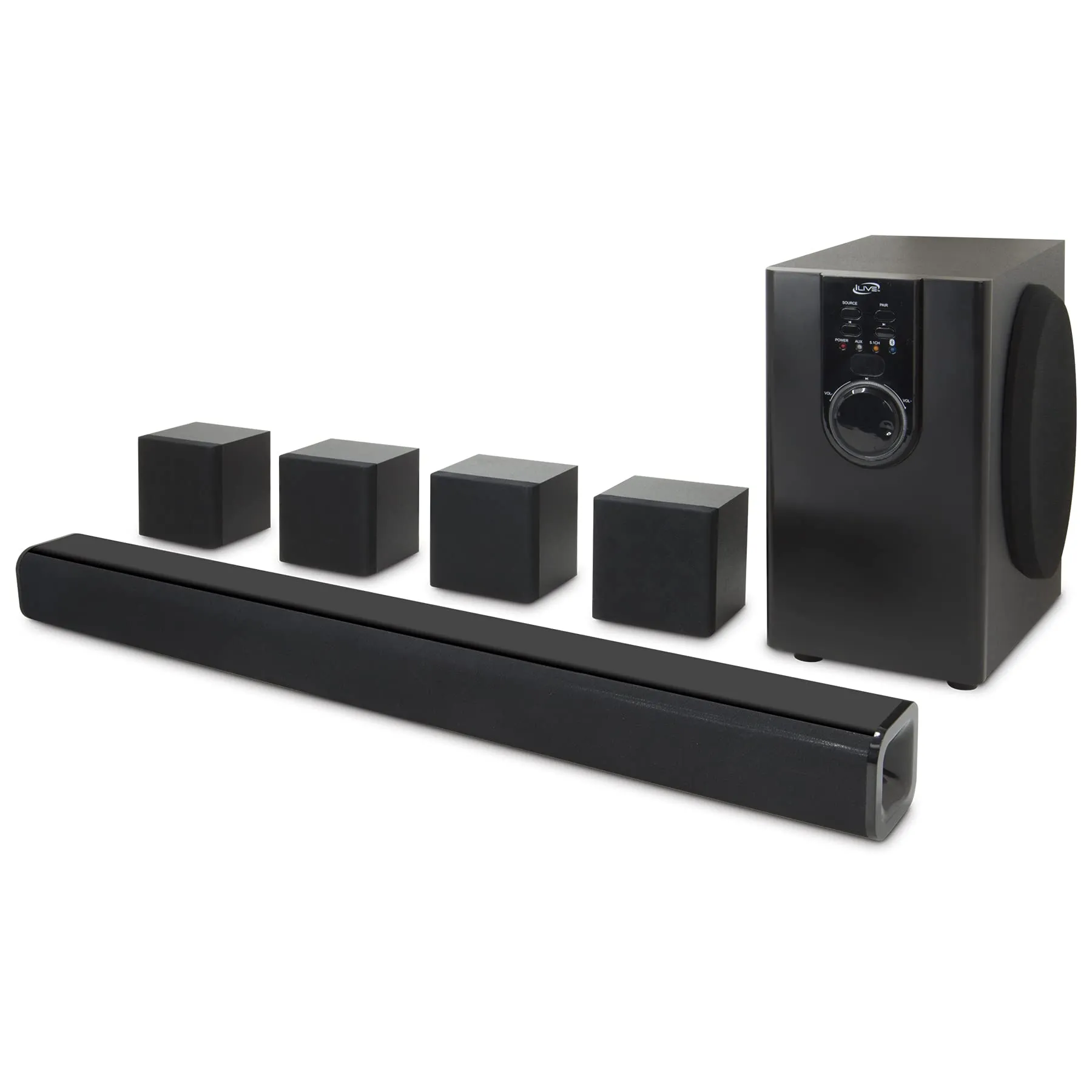 iLive 5.1 Home Theater System with Bluetooth, 6 Surround Speakers, Wall Mountable, Black