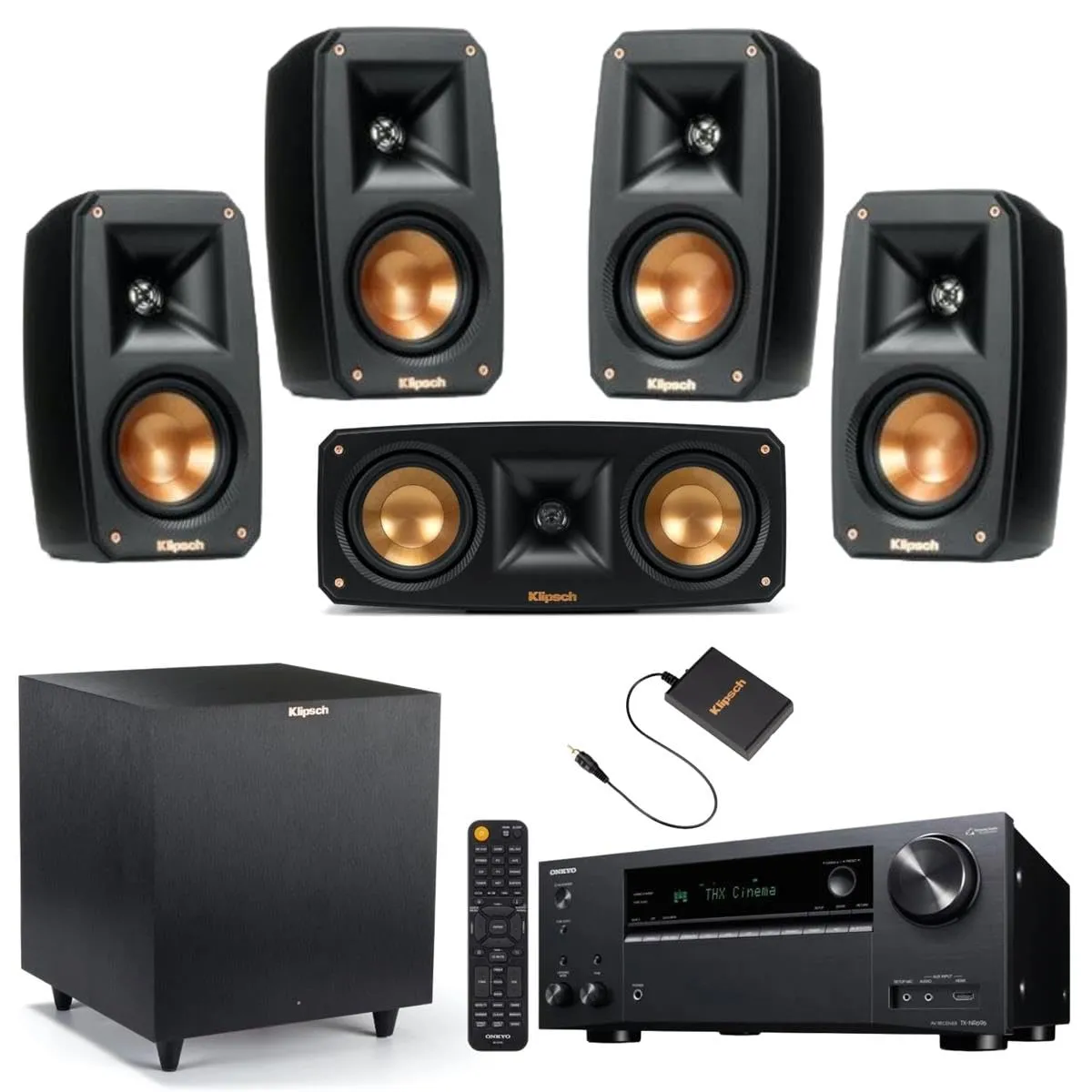 Klipsch Black 5.1 Surround Sound System with Onkyo TX-NR696 Receiver, Wireless Subwoofer Bundle