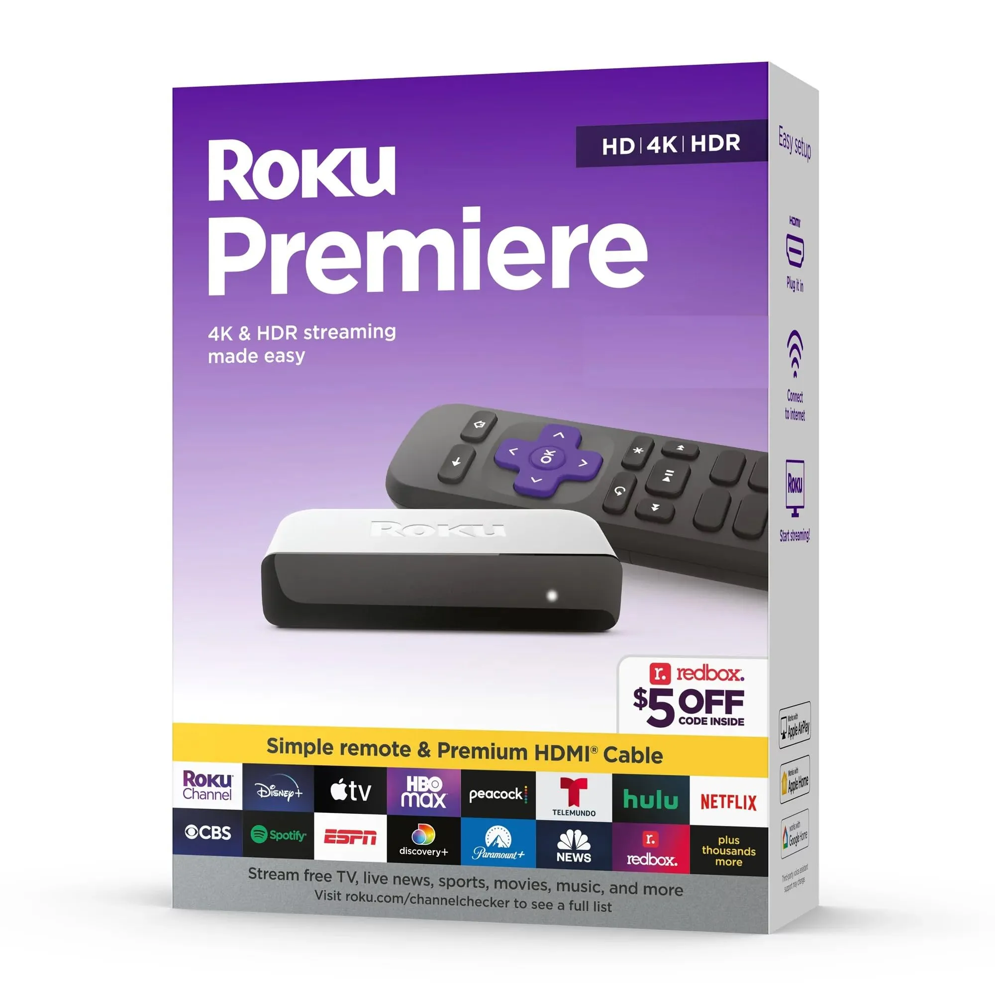 Roku 3920RW-SW Premiere 4K HDR Streaming Media Player with HDMI Cable & Simple Remote