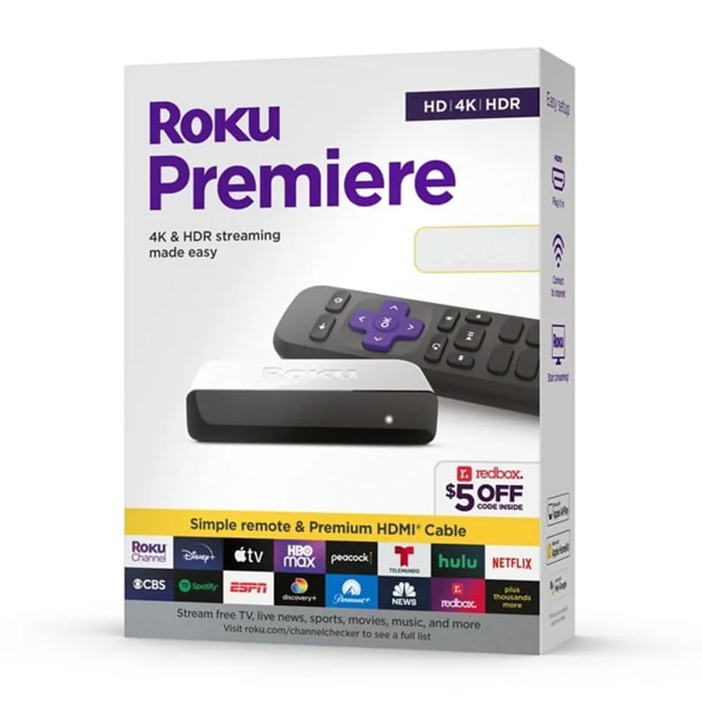 Roku Premiere Streaming Media Player HD/4K/HDR with HDMI Cable & Swanky Cables Bundle, Black